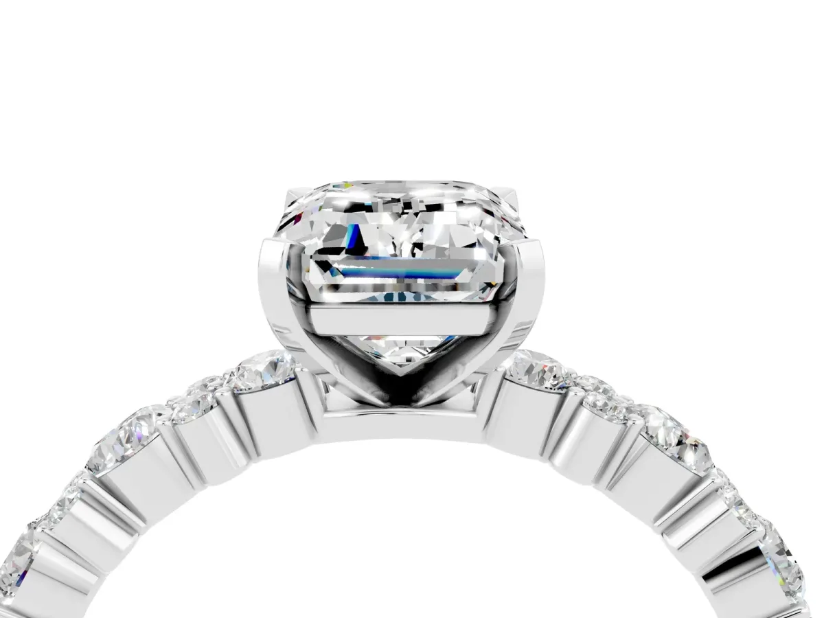 Emerald Cut Moissanite Side Stone Solitaire Ring with Round and Four-Prong Setting White gold