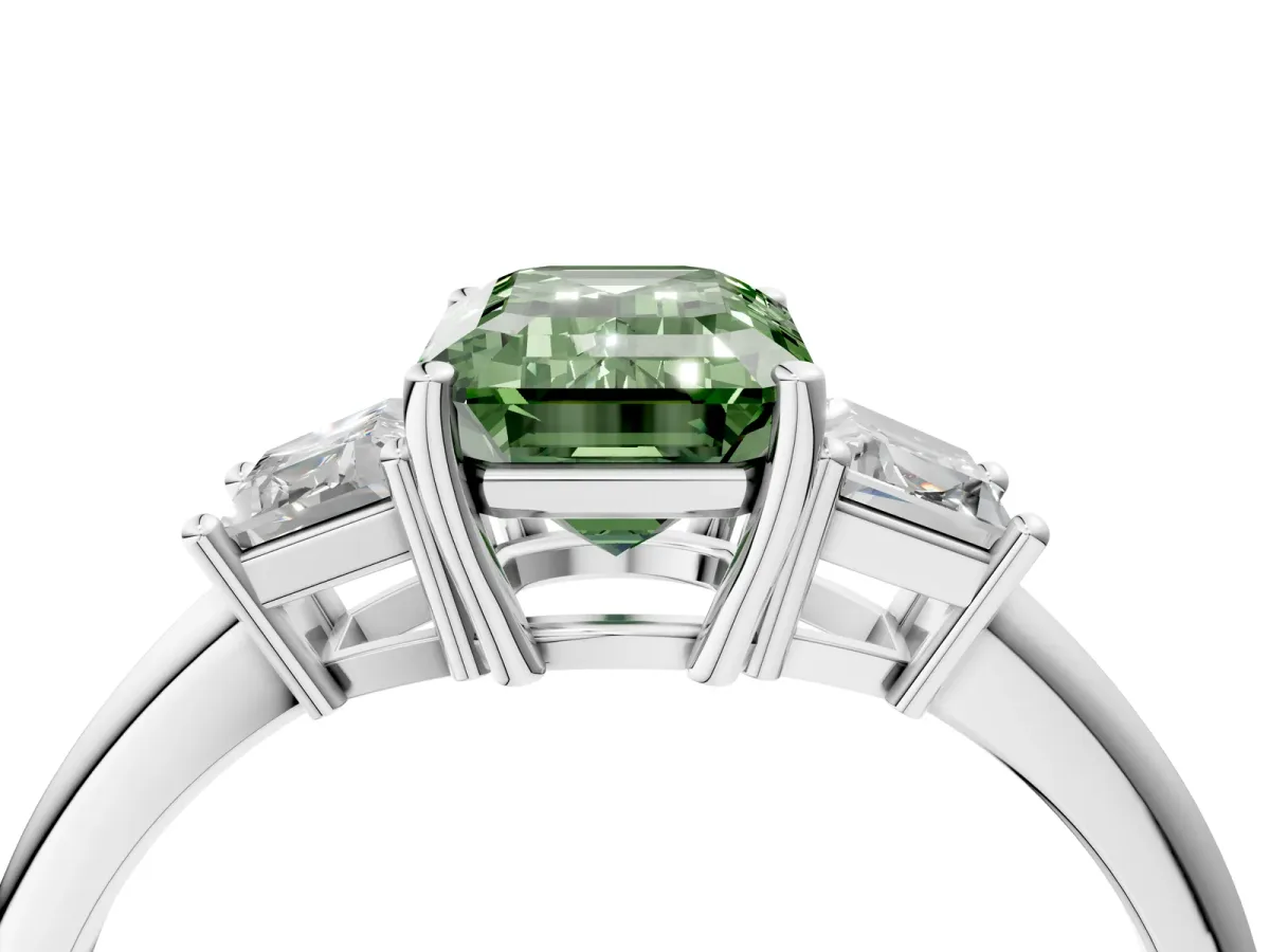 Fancy Green Emerald Cut Diamond Three-Stone Ring with Trapezoid Side Stones and Prong Setting Silver