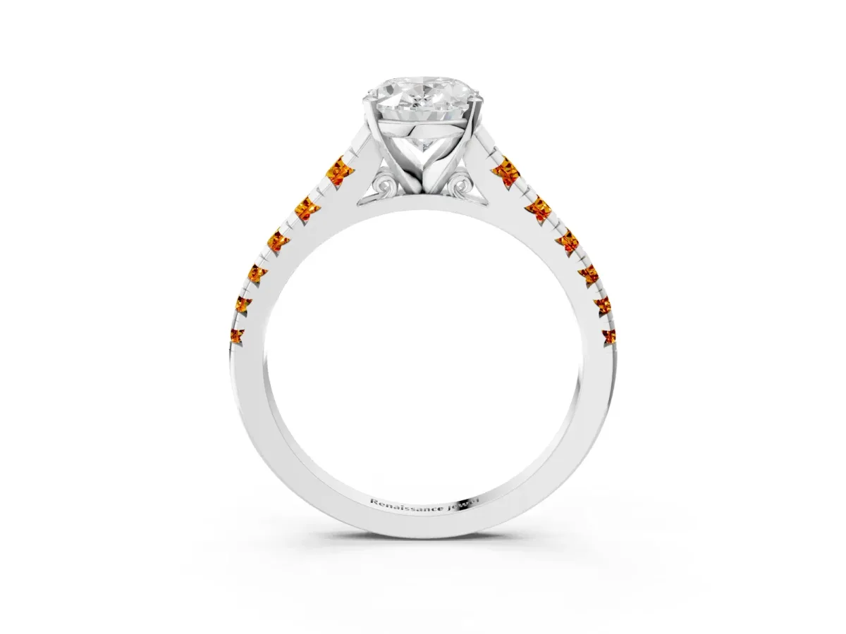 Oval Cut Diamond Cathedral Solitaire Ring with Round Citrine Pavé Band Silver