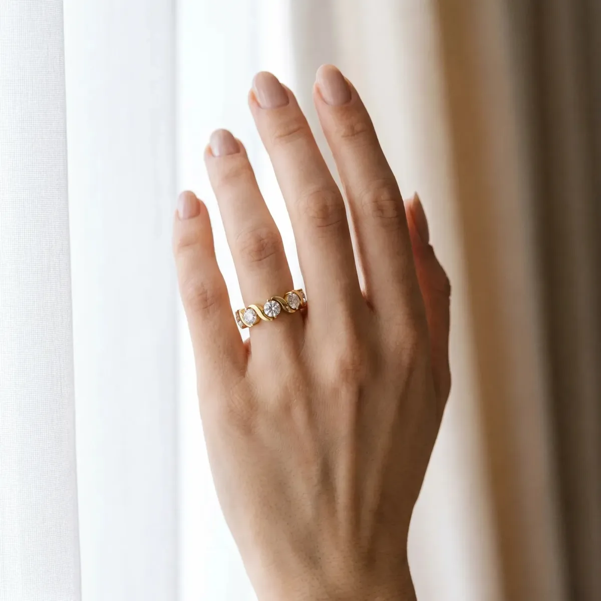 Round Diamond Half Eternity Band with Wave Prong Setting Yellow gold