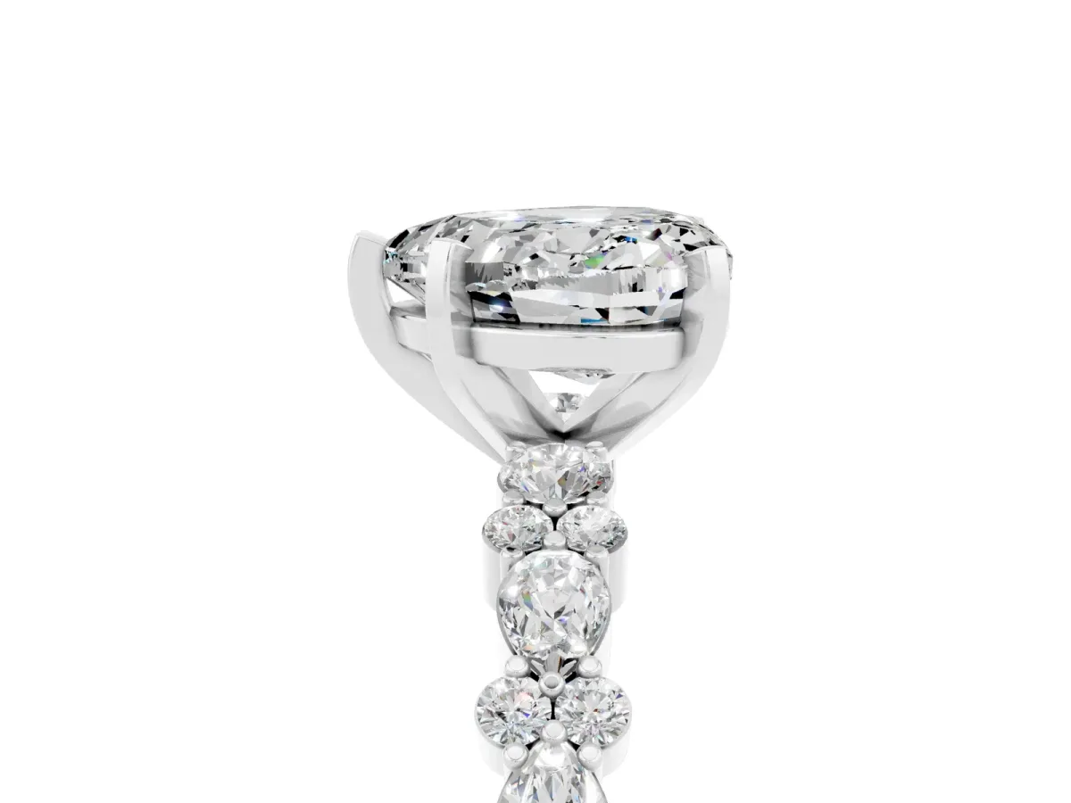 Heart Cut Moissanite Side Stone Solitaire Ring with Round and Four-Prong Setting Silver