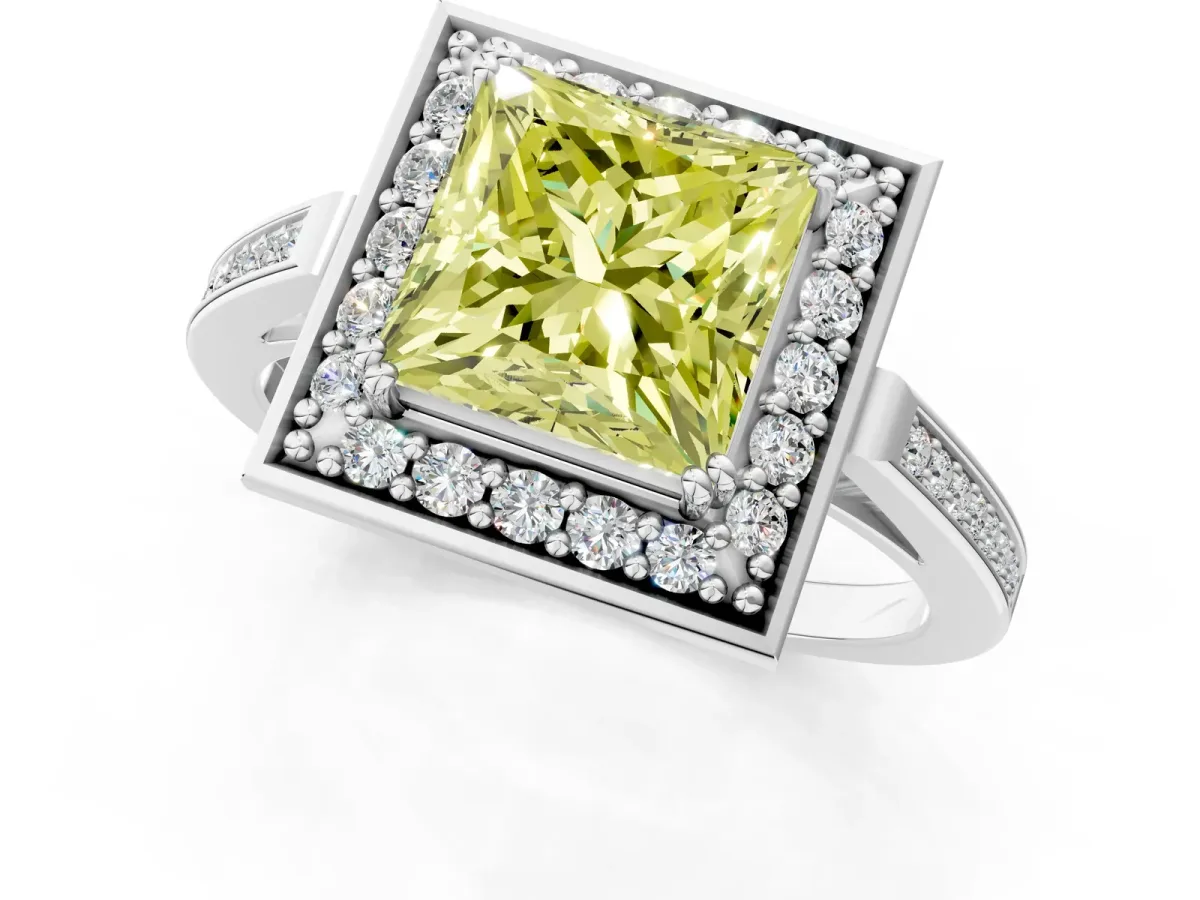 Fancy Yellow Princess Cut Diamond Halo Ring with Split Shank and Four-Prong Setting Platinum