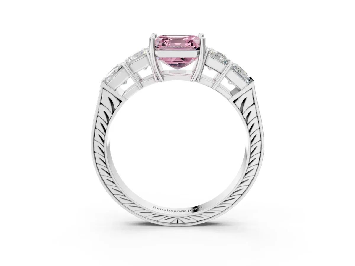 Fancy Pink Asscher Cut Solitaire Princess Side Stone Engraved Band Prong Setting Ring Silver