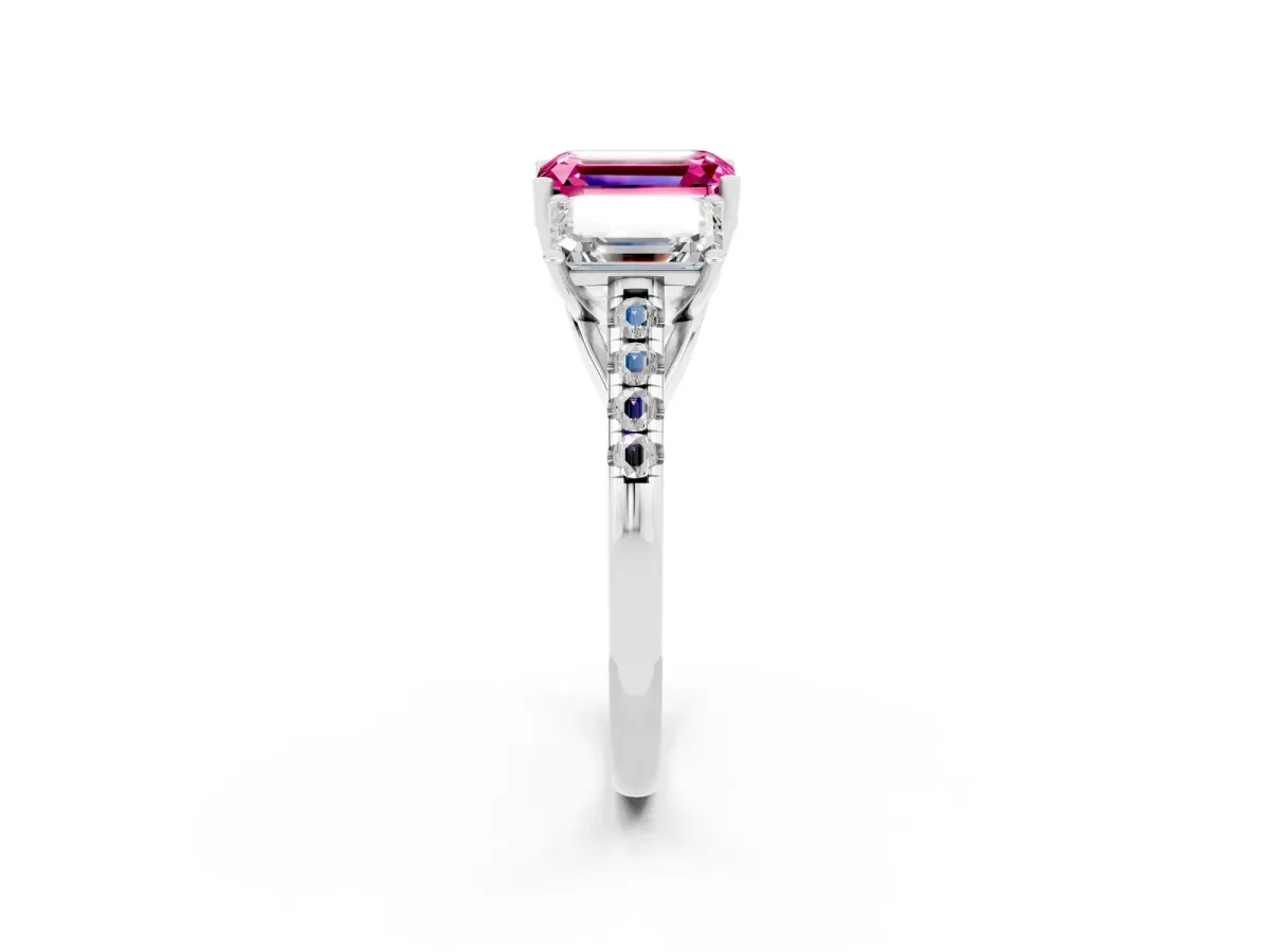 Three-Stone Emerald Cut Pink Sapphire Ring with Round Pavé Band and Prong Setting Silver