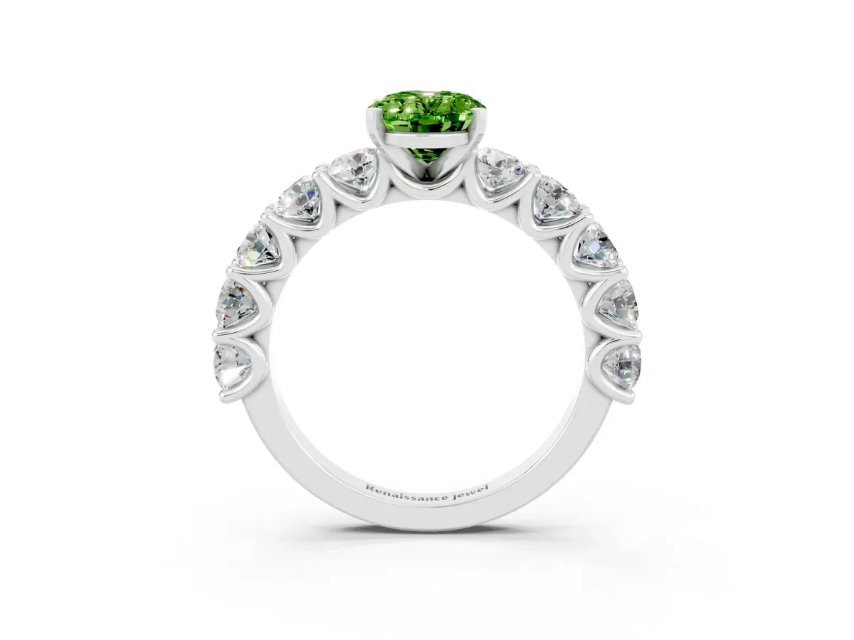 Oval Cut Peridot Prong Setting with Side Stones on a Pave Band Platinum