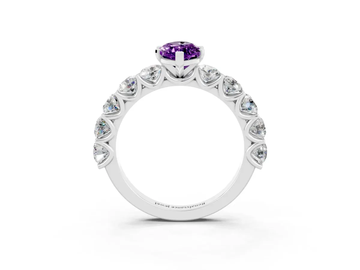 Marquise Cut Amethyst Prong Setting with Side Stones on a Pave Band Silver