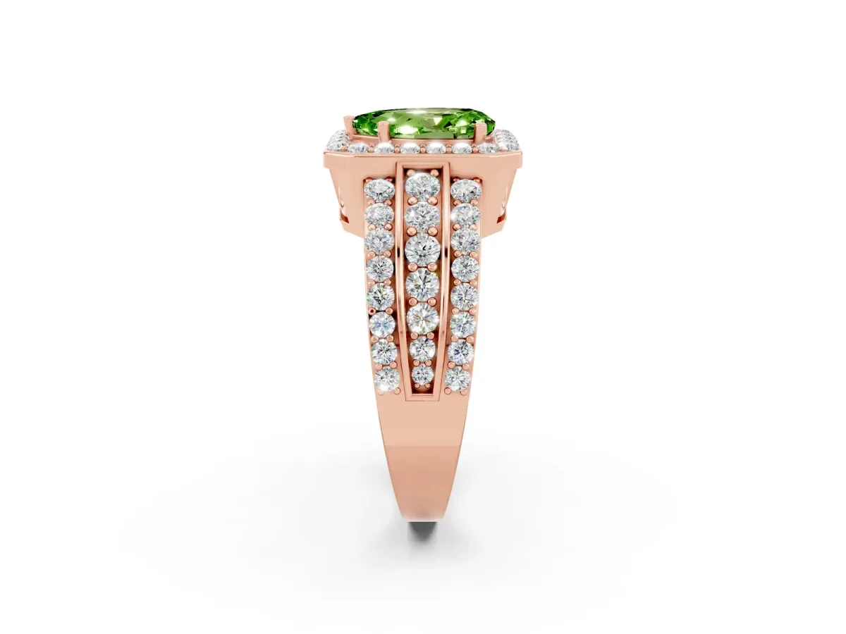 Pear Cut Halo Peridot Ring with Round Split Shank and Prong Setting Rose gold
