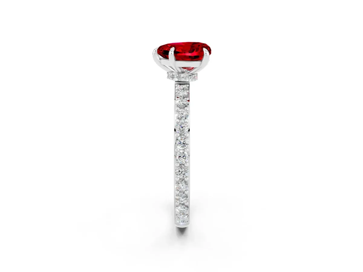 Heart Cut Ruby Solitaire Engagement Ring with Pavé Band and Four-Prong Setting Platinum