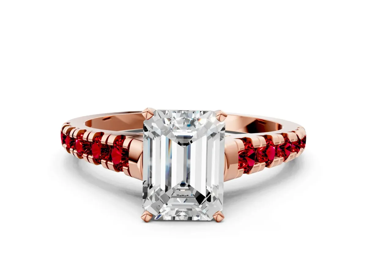 Emerald Cut Diamond Cathedral Solitaire Ring with Round Ruby Pavé Band Rose gold