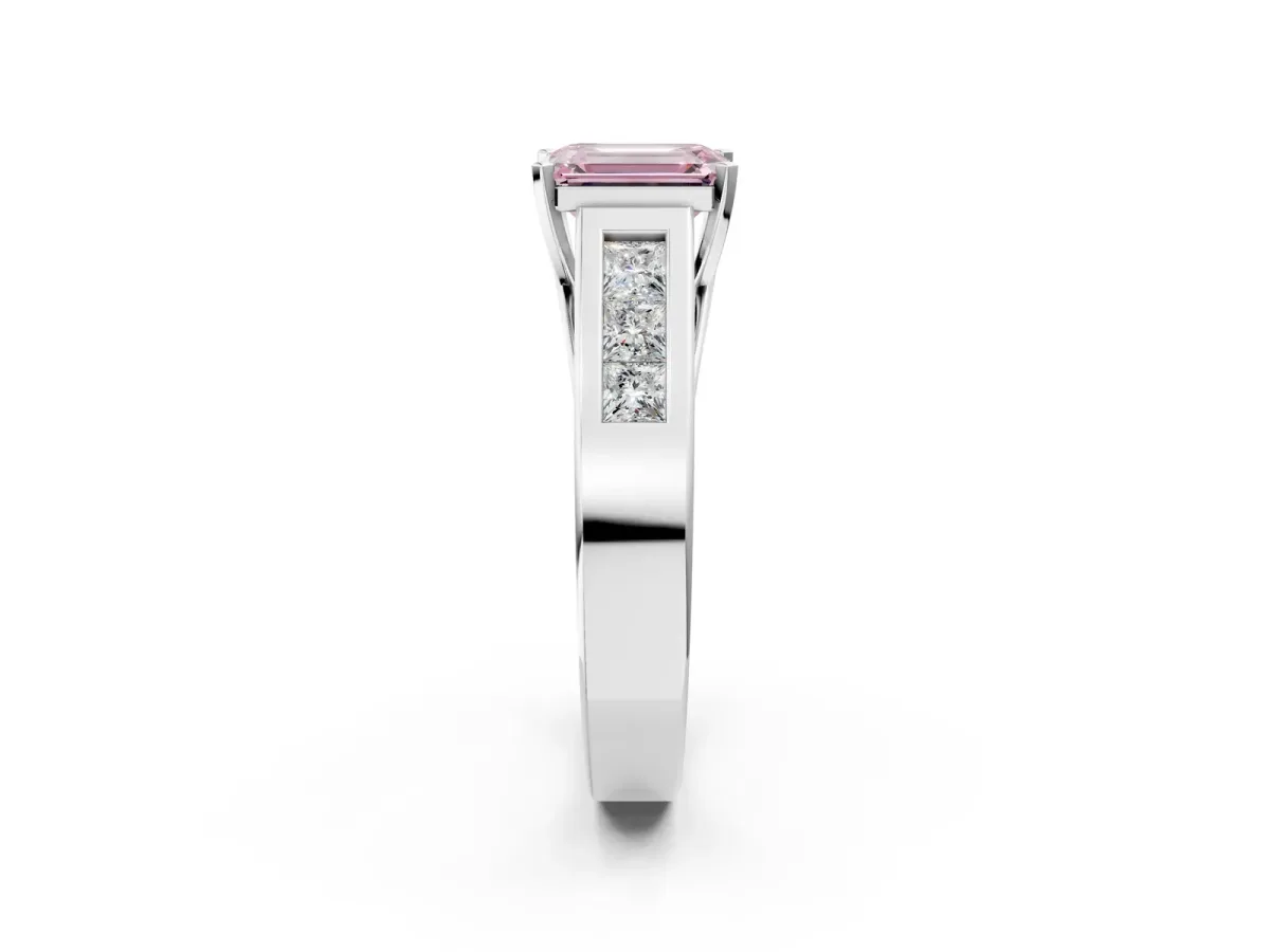 Fancy Pink Emerald Cut Cut Channel Set Solitaire Ring with Four-Prong Setting Silver