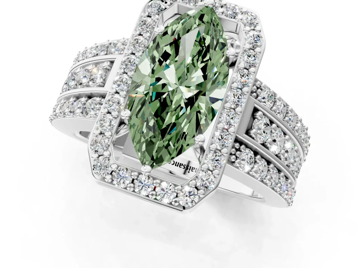 Fancy Green Marquise Cut Halo Diamond Ring with Round Split Shank and Prong Setting Platinum