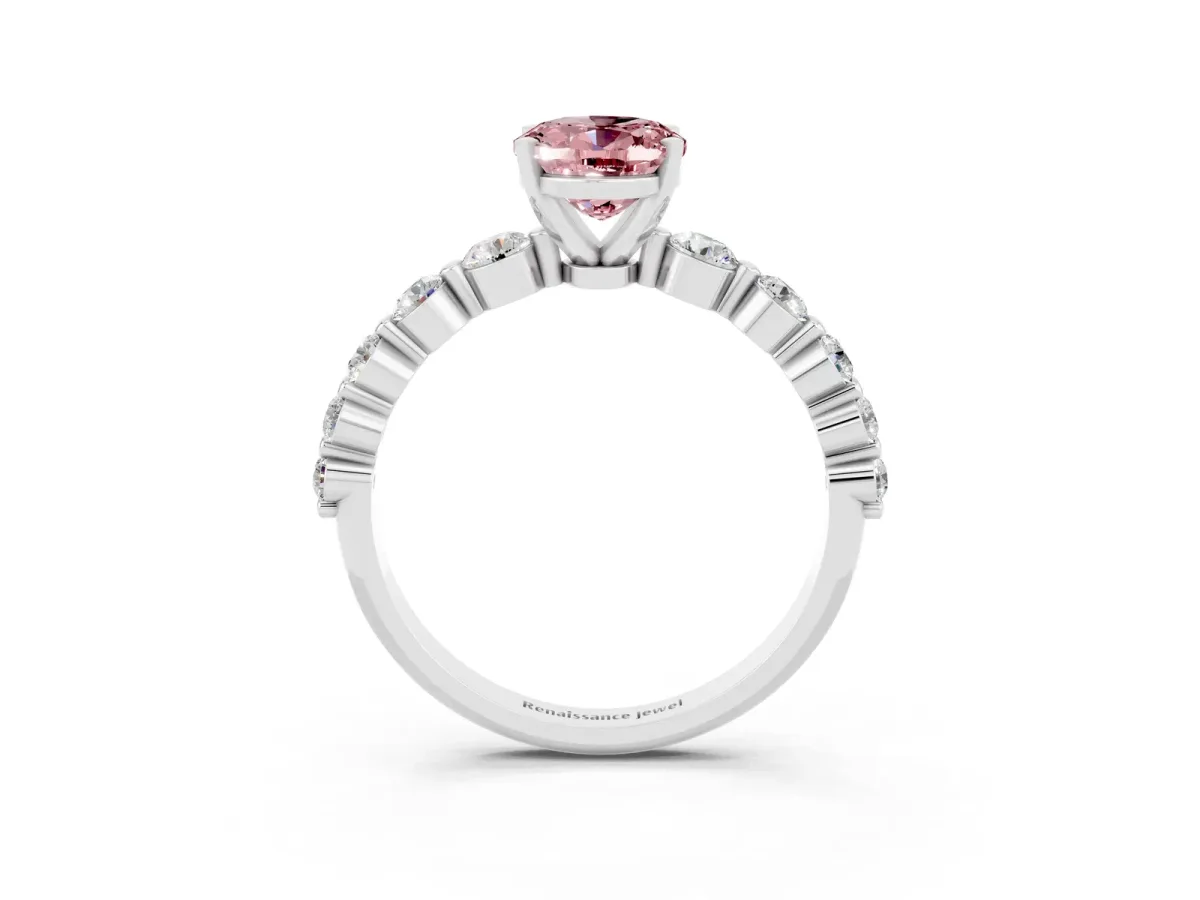 Oval Cut Solitaire Morganite Ring with Pave Band and Four-Prong Setting Silver