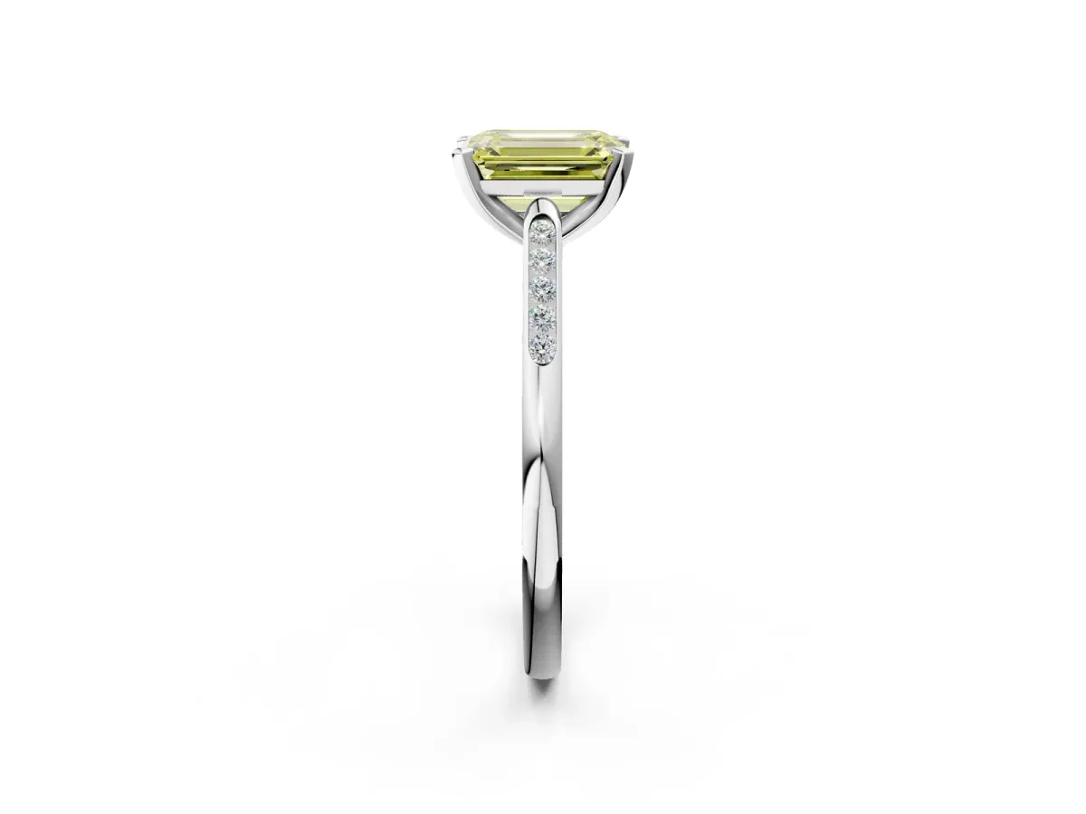 Fancy Yellow Emerald Cut Diamond Solitaire Ring with Channel Set Round Band and Prong Setting Silver