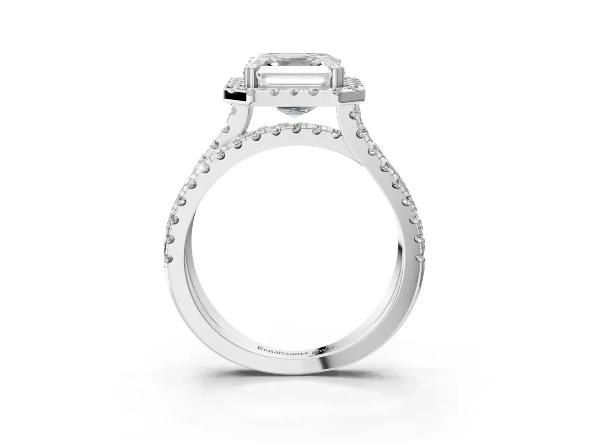 Asscher Cut Halo Split Shank Diamond Ring with Pavé Setting Platinum