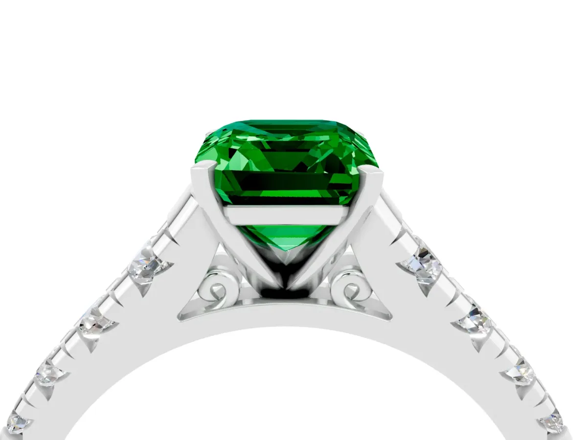 Emerald Cut Emerald Cathedral Solitaire Ring with Round Pavé Band Silver