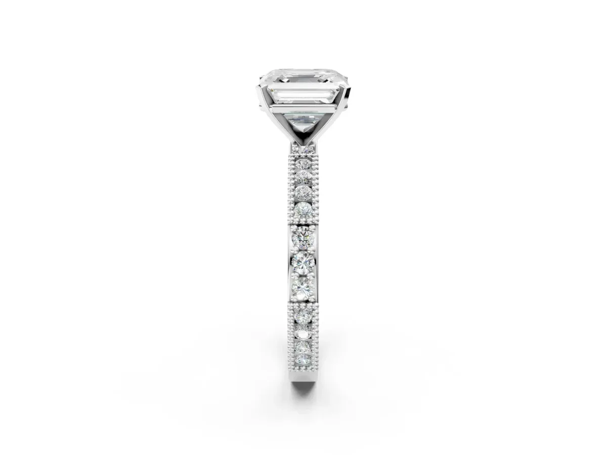 Asscher Cut Solitaire with Pavé Band and Four-Prong Setting Silver