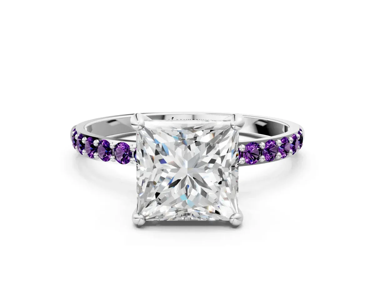 Princess Cut Diamond Solitaire Ring with Round Amethyst Pavé Band and Prong Setting Silver