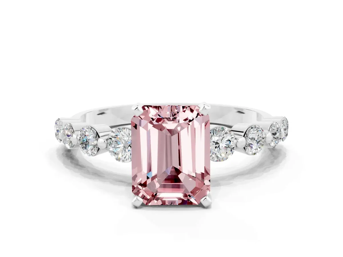 Emerald Cut Solitaire Morganite Ring with Pave Band and Four-Prong Setting Silver
