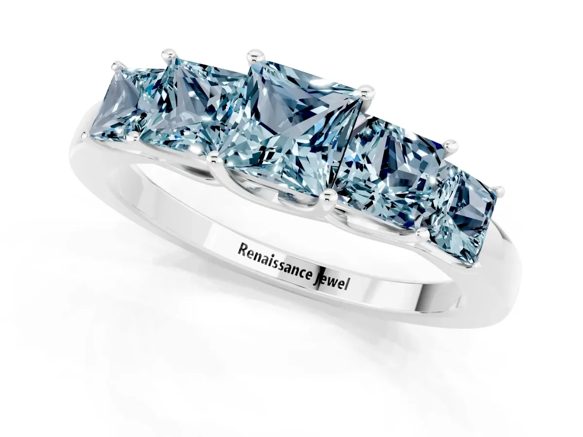 Princess Cut Five-Stone Aquamarine Ring with Classic Prong Setting Platinum
