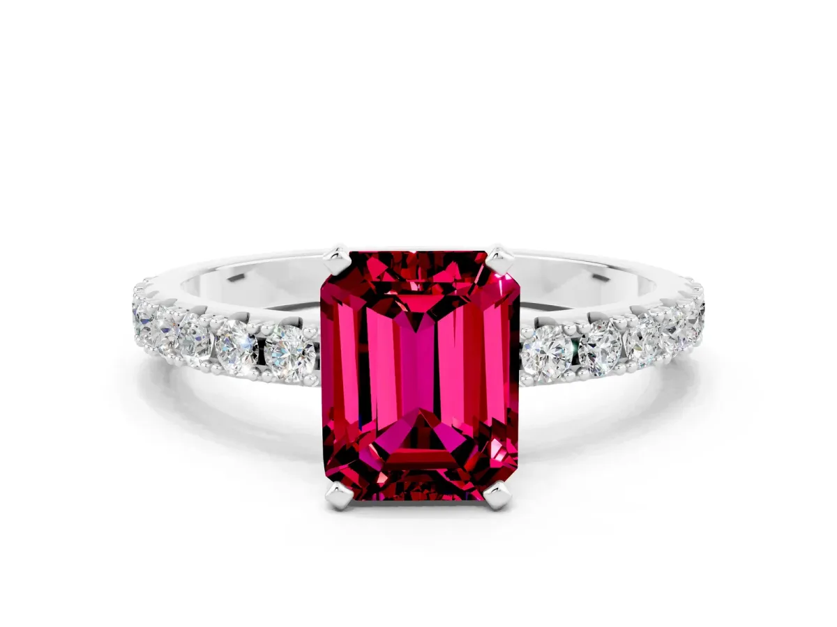 Emerald Cut Garnet Solitaire Pavé Band with Four-Prong Setting Silver
