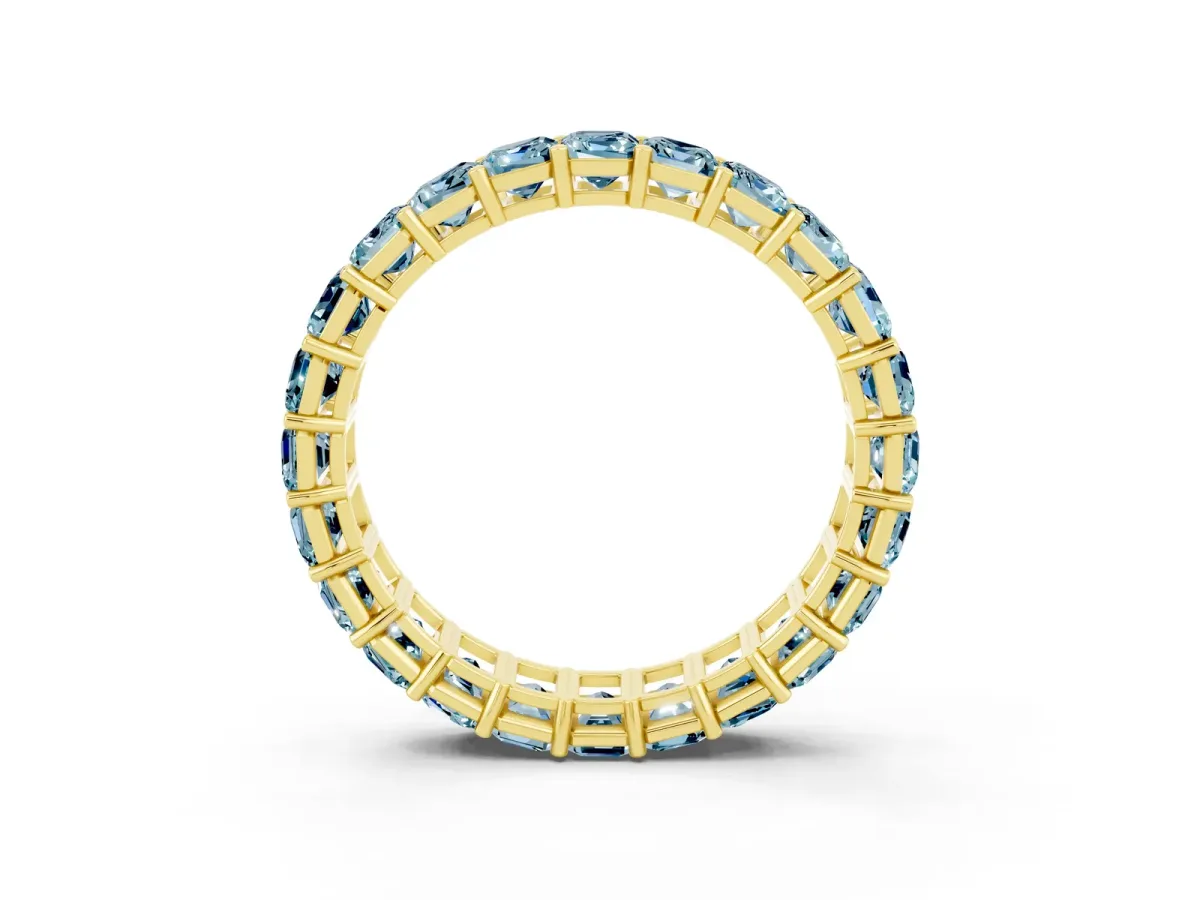 Emerald Cut Aquamarine Eternity Band with Shared Prong Setting Yellow gold