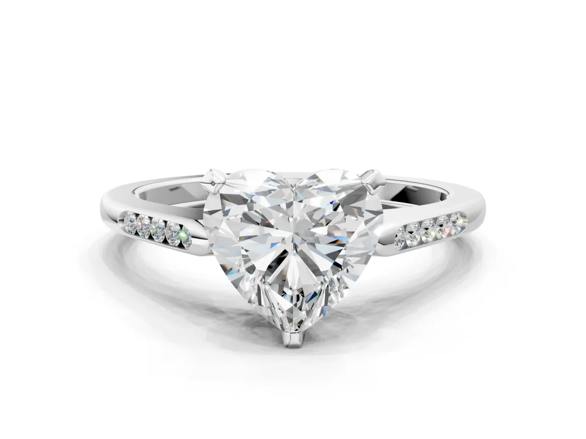 Heart Cut Diamond Solitaire Ring with Channel Set Round Band and Prong Setting Silver