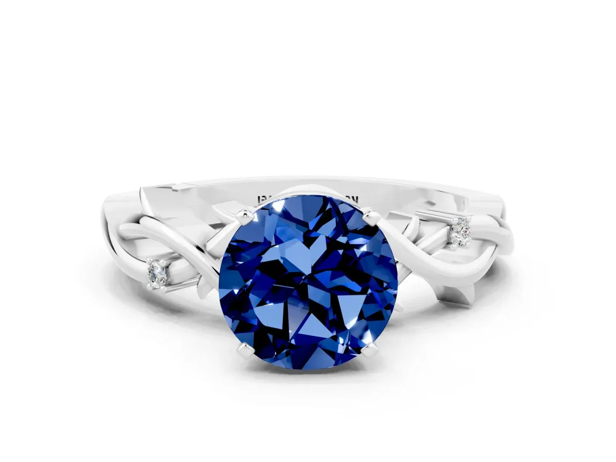 Round Cut Blue Sapphire Solitaire Ring with Twisted Band and Prong Setting Silver