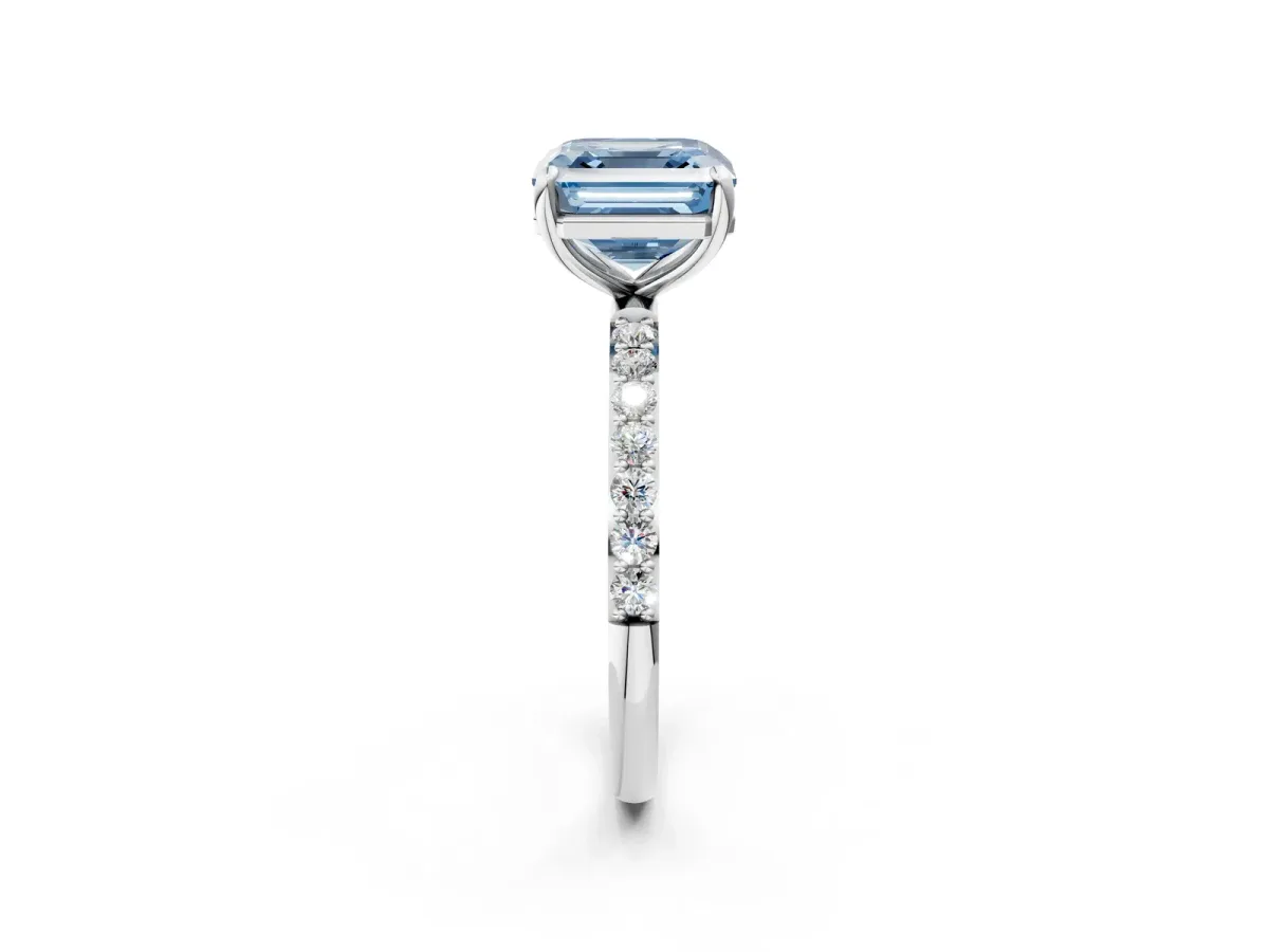 Fancy Blue Asscher Cut Diamond Solitaire Ring with Round Pavé Band and Prong Setting Platinum