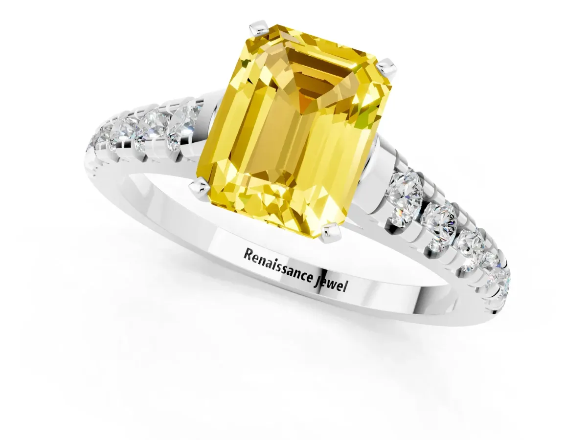 Emerald Cut Yellow Sapphire Cathedral Solitaire Ring with Round Pavé Band Silver