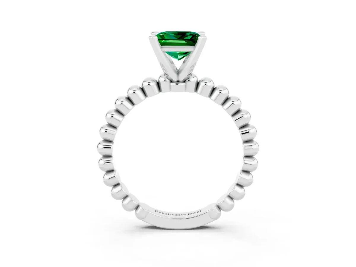 Princess Cut Emerald Solitaire Ring with Beaded Band and Prong Setting Silver