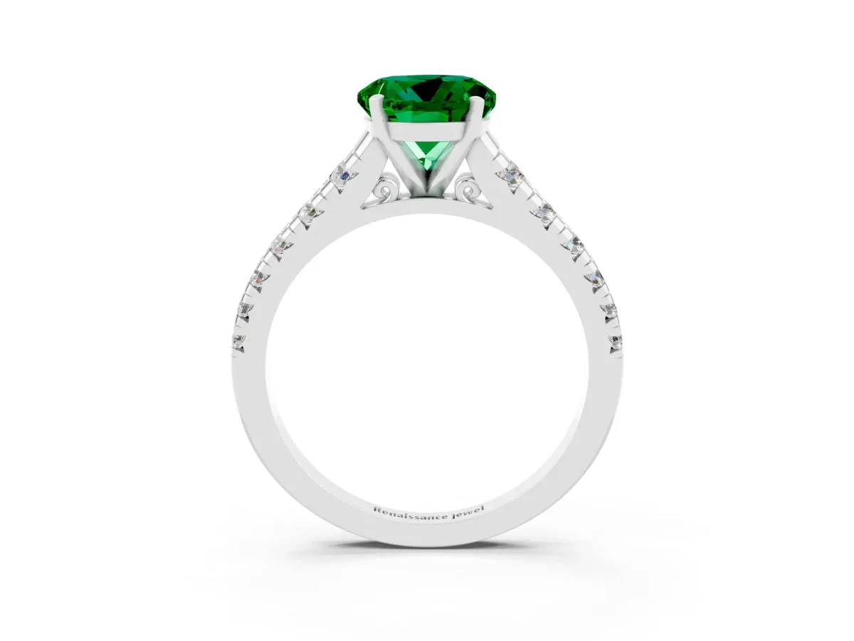 Round Cut Emerald Cathedral Solitaire Ring with Round Pavé Band Platinum