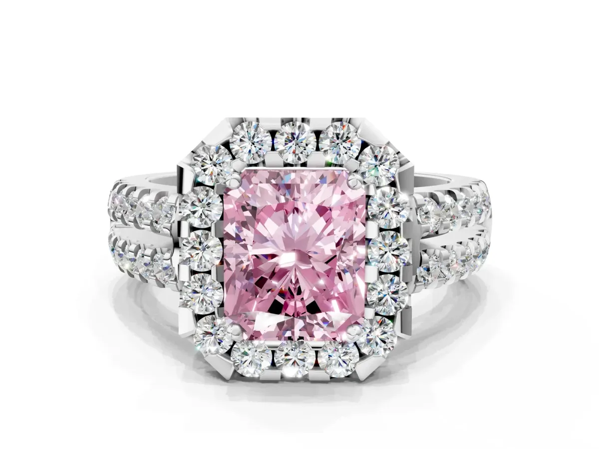Fancy Pink Radiant Cut Halo Diamond Split Shank Engagement Ring with Prong Setting Platinum