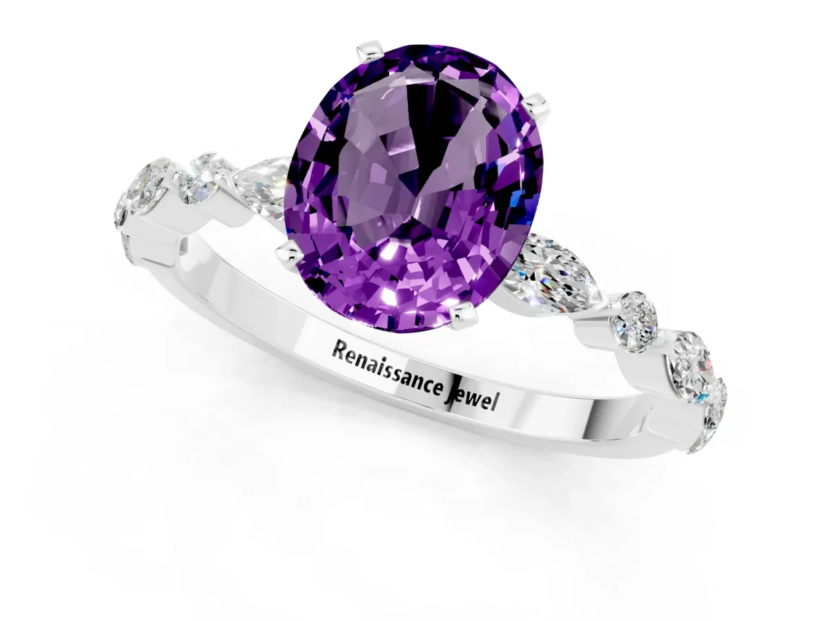 Oval Cut Amethyst Ring with Marquise and Round Side Stones and Four-Prong Setting Silver