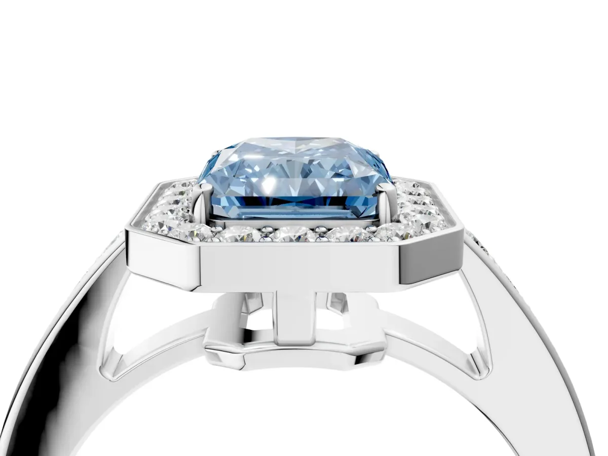 Fancy Blue Radiant Cut Halo Pavé Diamond Engagement Ring with Bezel Setting Silver