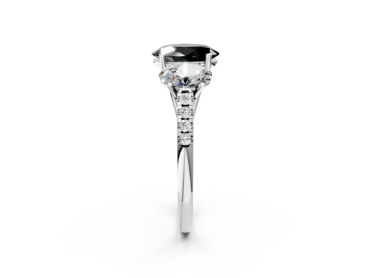 Fancy Black Three-Stone Oval Cut Diamond Ring with Round Pavé Band and Prong Setting Silver