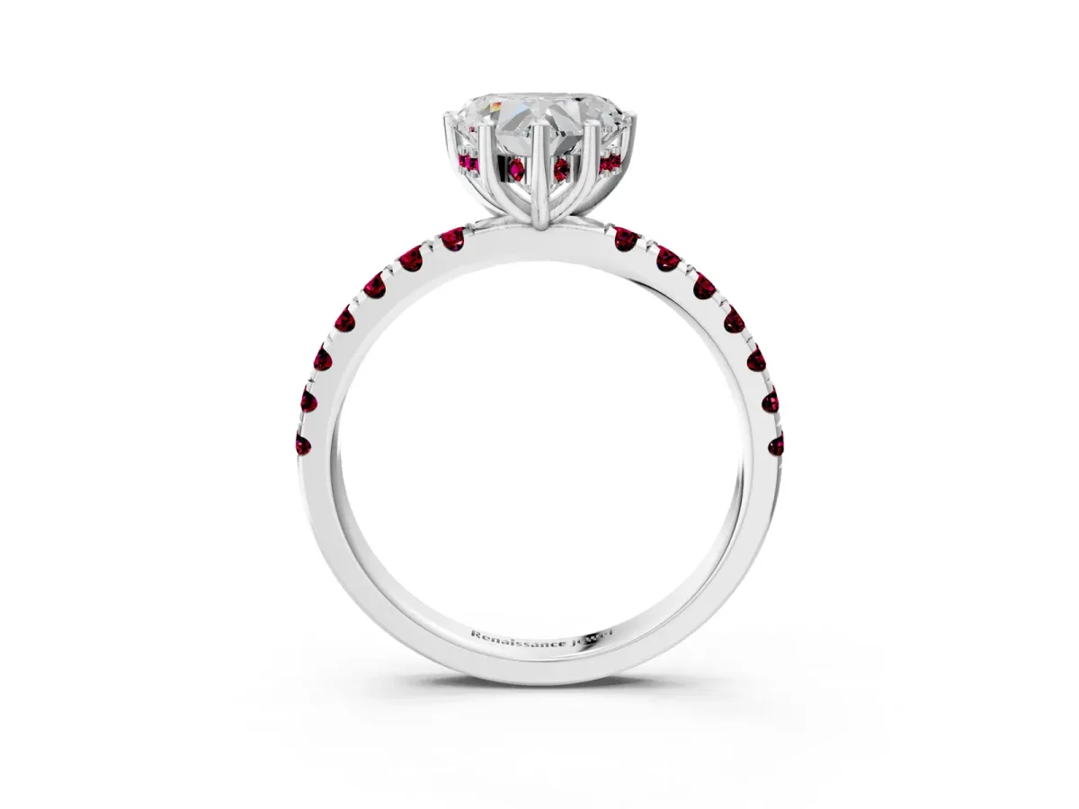 Heart Cut Diamond Pave Band Solitaire Ring with Round Garnet and Prong Setting Silver