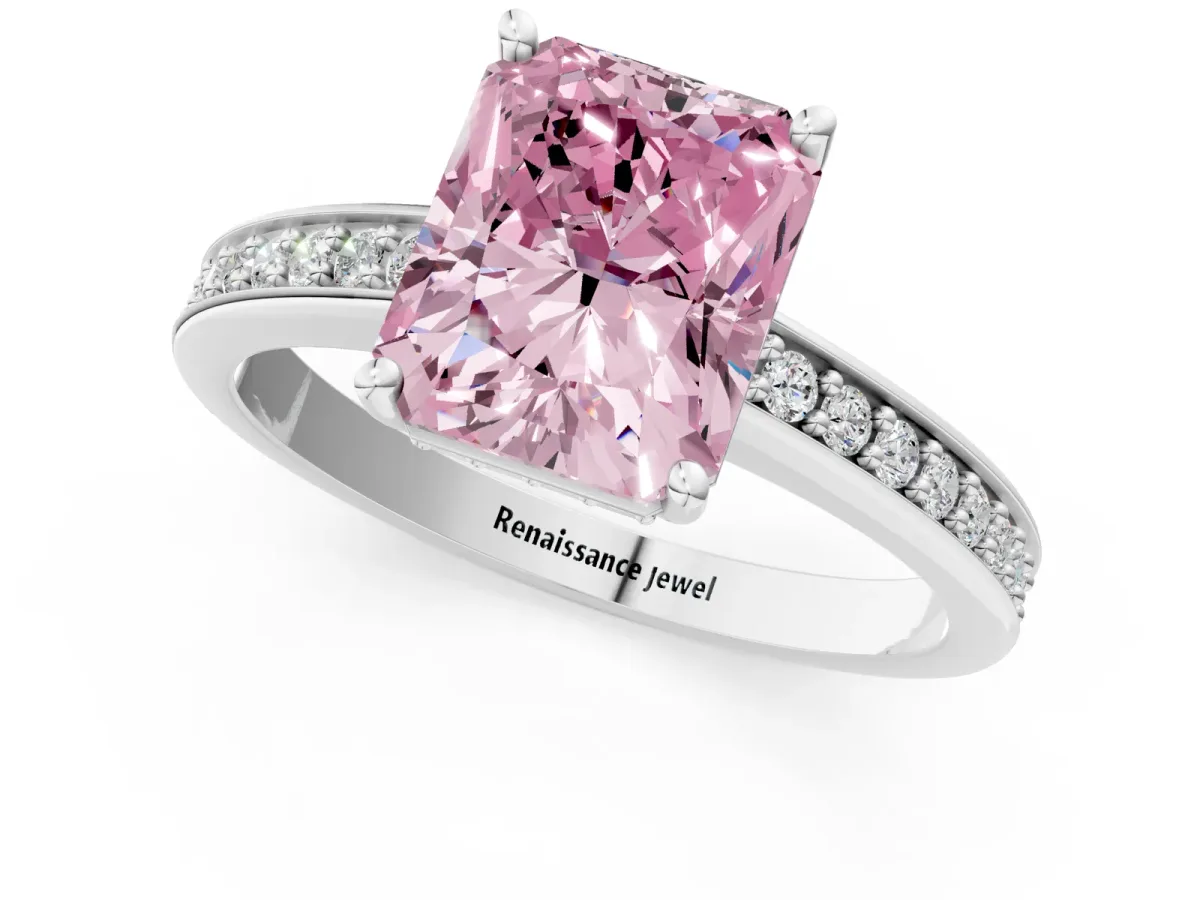 Fancy Pink Radiant Cut Solitaire Pavé Band Prong Setting Ring Platinum