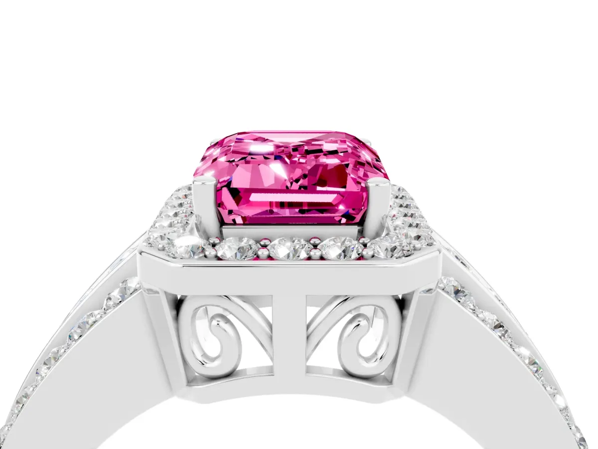 Emerald Cut Halo Pink Sapphire Ring with Round Split Shank and Prong Setting Silver