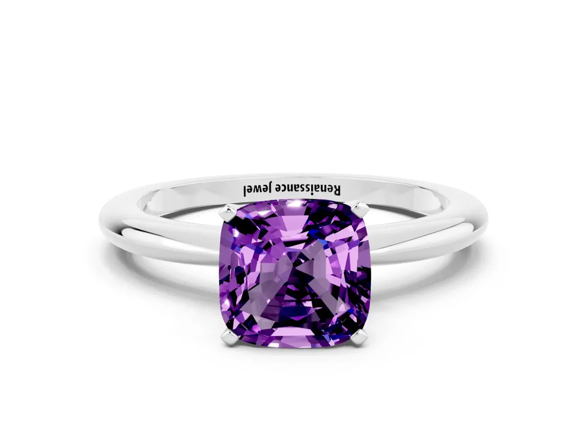 Cushion Cut Amethyst Solitaire Ring with Six-Prong Setting and Classic Band Platinum