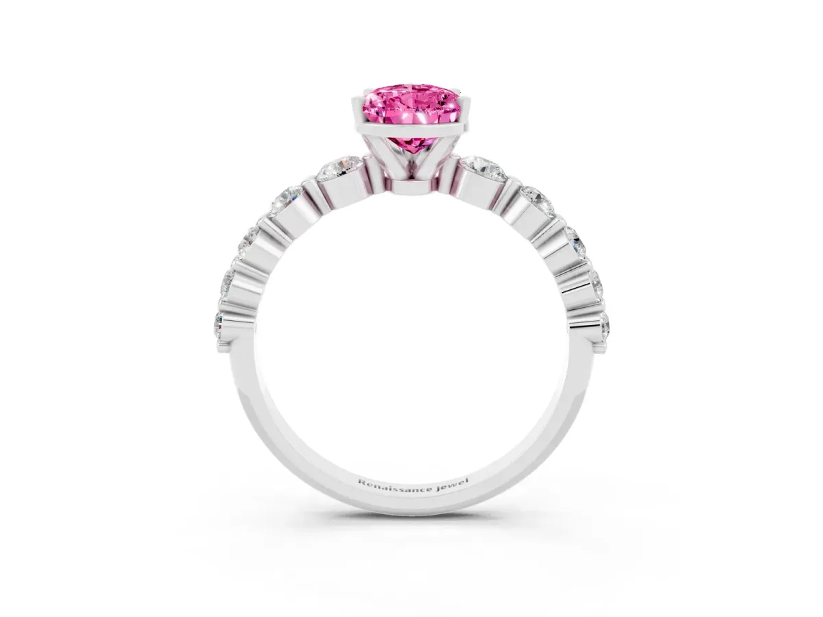 Pear Cut Solitaire Pink Sapphire Ring with Pave Band and Four-Prong Setting Silver