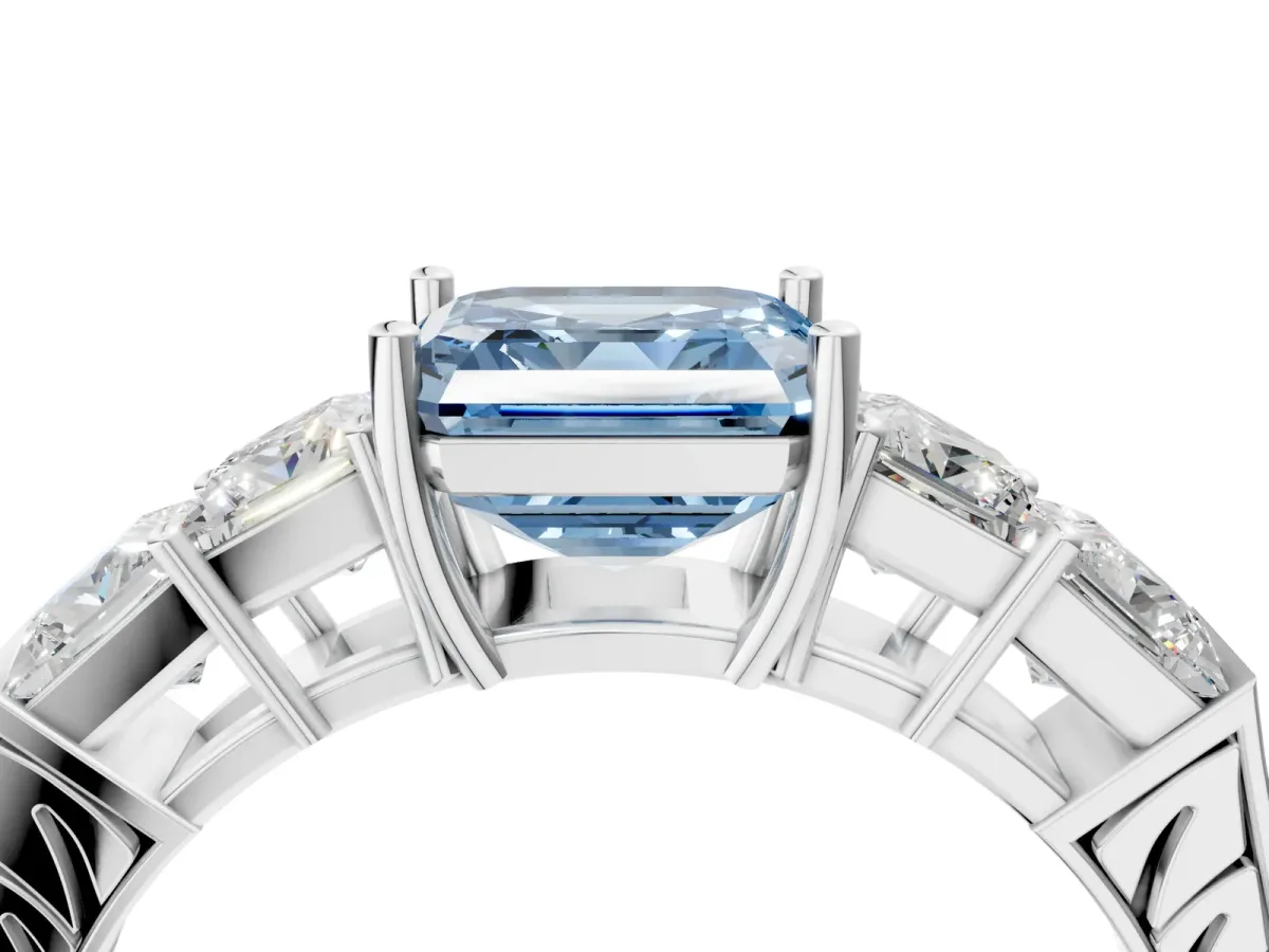 Fancy Blue Asscher Cut Solitaire Princess Side Stone Engraved Band Prong Setting Ring Silver