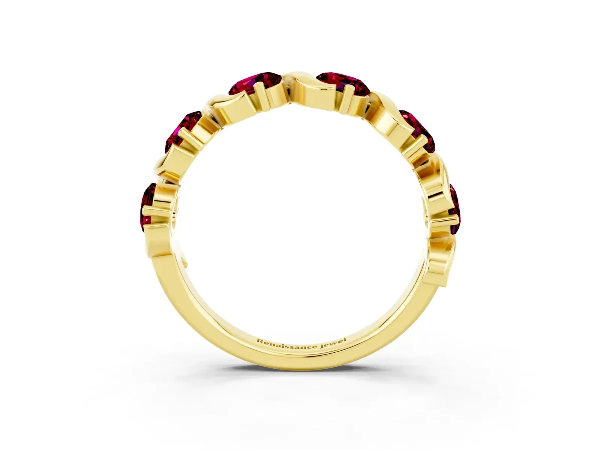 Round Garnet Half Eternity Band with Wave Prong Setting Yellow gold