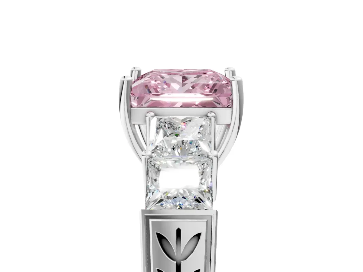Fancy Pink Princess Cut Solitaire Princess Side Stone Engraved Band Prong Setting Ring Platinum
