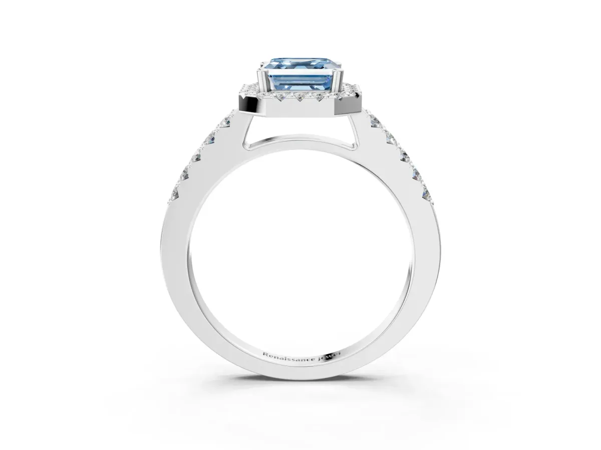 Fancy Blue Asscher Cut Halo Diamond Pavé Solitaire Ring Silver