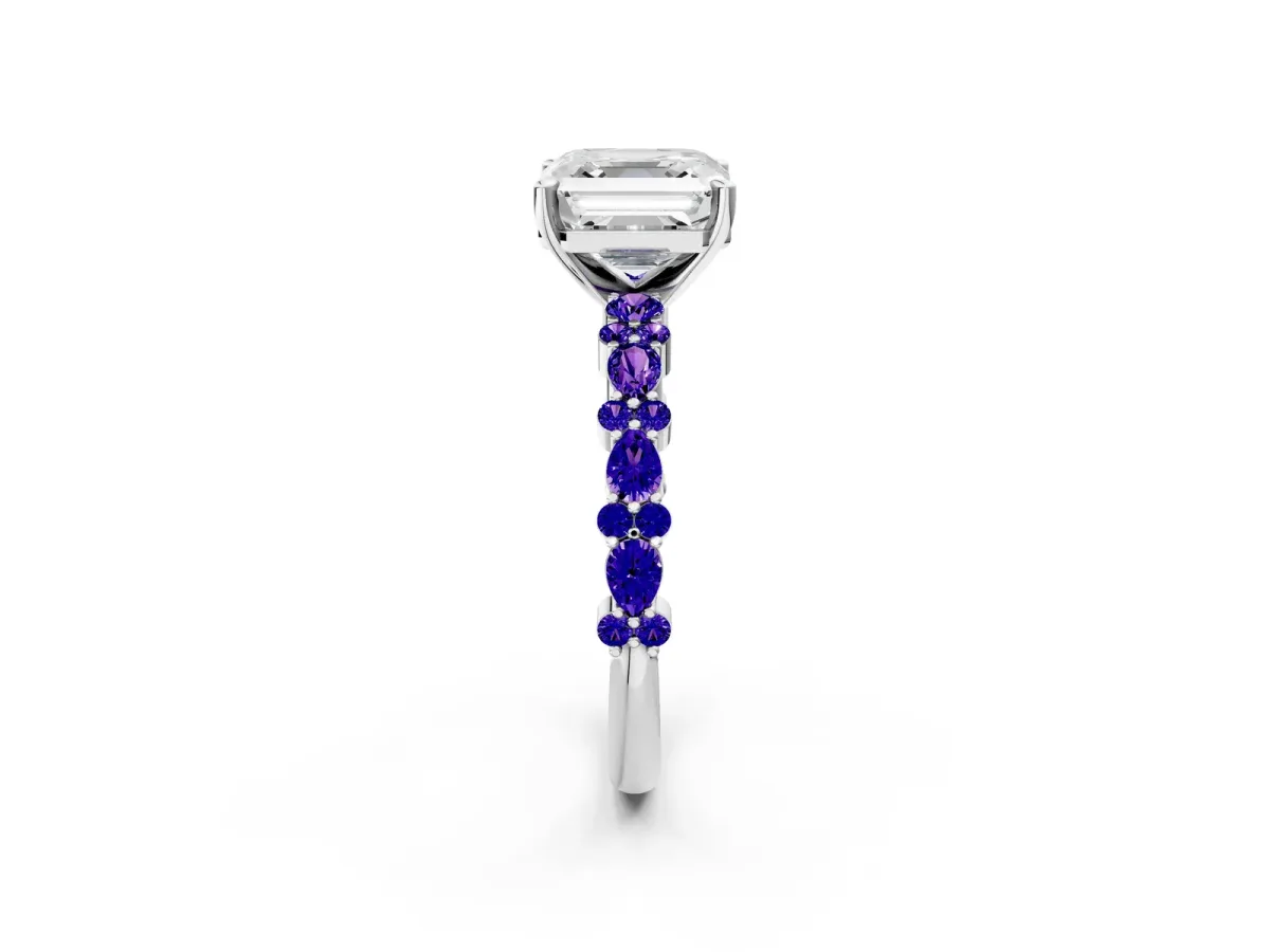 Asscher Cut Diamond Side Stone Solitaire Ring with Round Tanzanite and Four-Prong Setting Silver