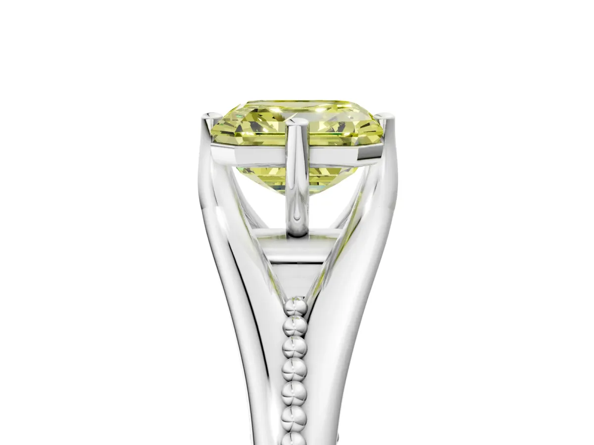 Fancy Yellow Asscher Cut Solitaire Beaded Band Six-Prong Setting Platinum
