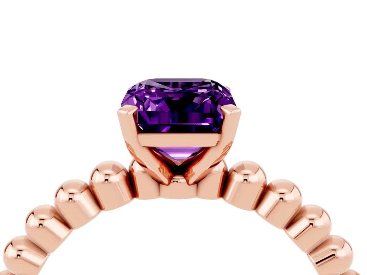 Emerald Cut Amethyst Solitaire Ring with Beaded Band and Prong Setting Rose gold