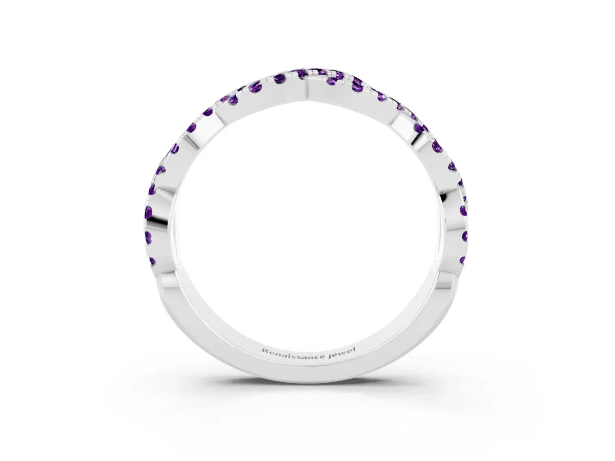Round Amethyst Twisted Eternity Band with Pavé and Shared Prong Setting Silver