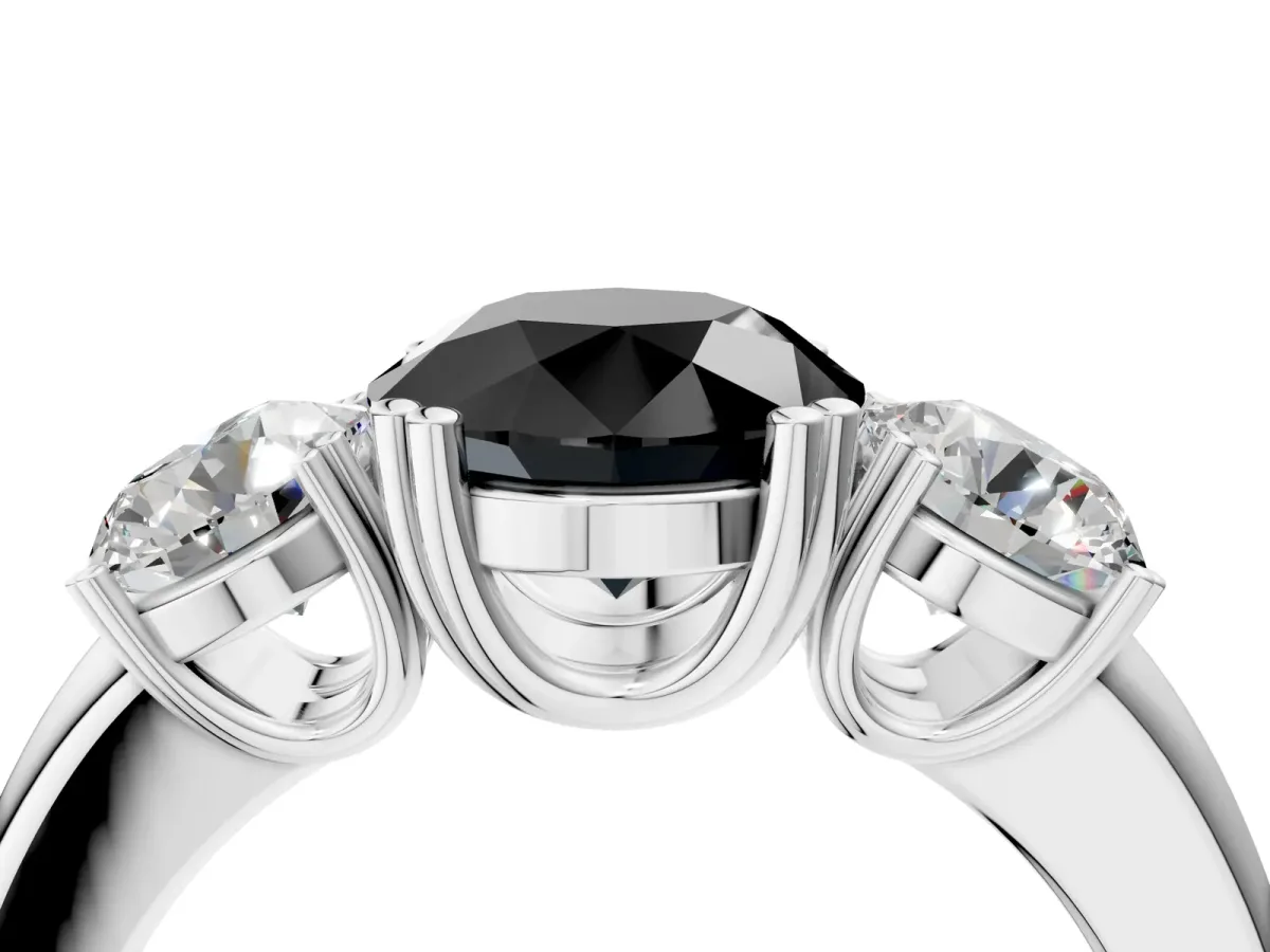 Fancy Black Three-Stone Round Cut Cut Diamond Ring with Channel Set Band and Four-Prong Setting Silver