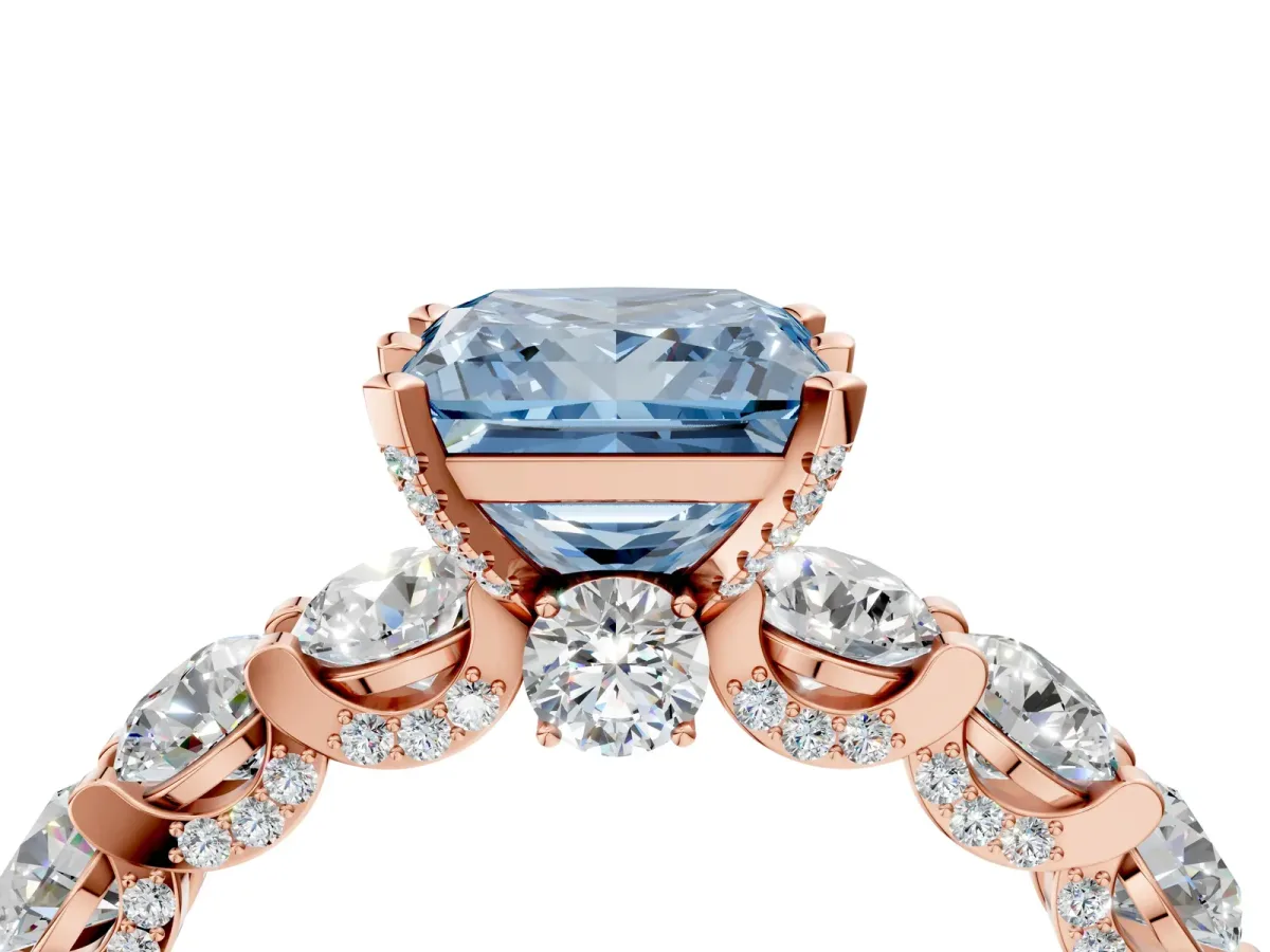 Fancy Blue Princess Cut Diamond Side Stone Engagement Ring with Four-Prong Setting Rose gold
